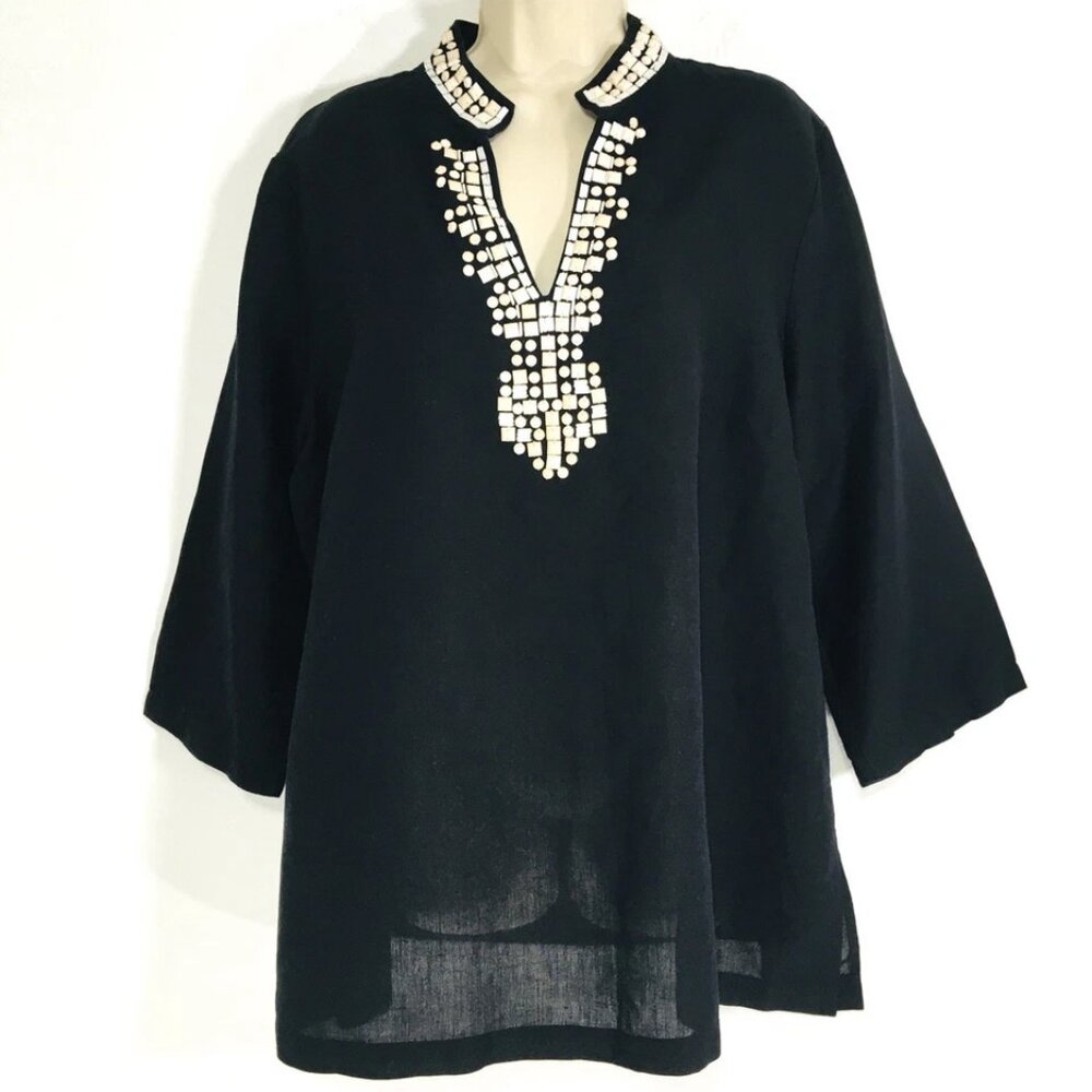 Chico’s Sz 16 Black Linen Blend Tunic Embellished Collar & Front 3/4 Sleeves